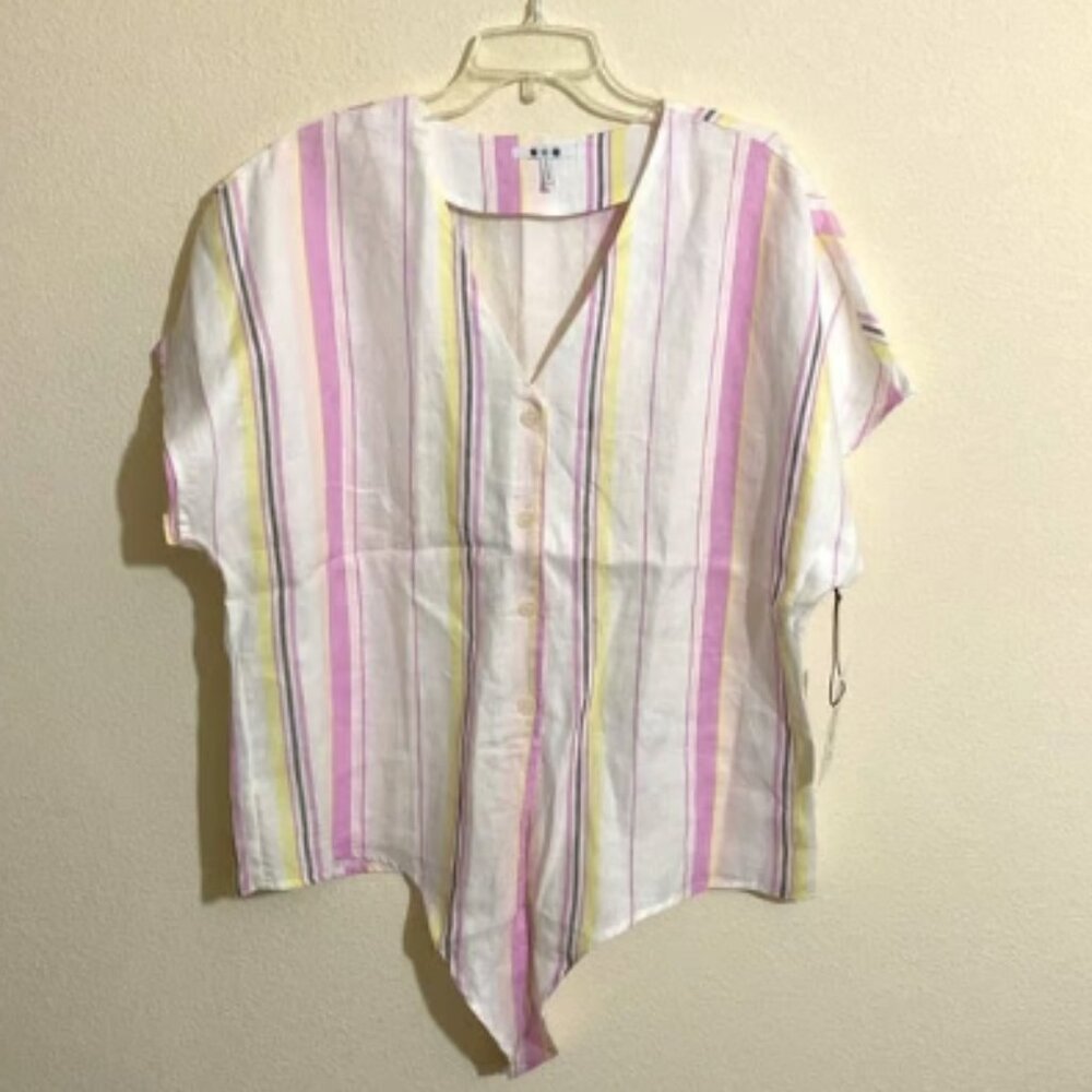 THREE DOTS 100% Linen Striped Sleeveless Blouse Women's Size L